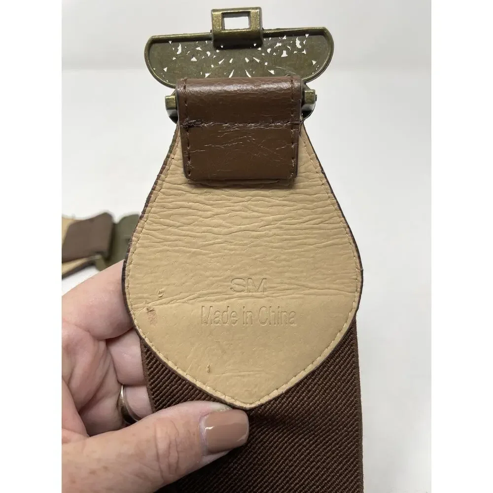 Women's Small Wide Stretch Belt‎ Boho Style Bronz Metal Leaf Clasp